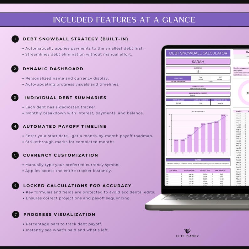 May include: A laptop screen displays a debt snowball calculator with a purple and white interface. The screen shows a graph and data fields. Text on the screen includes "Debt Snowball Strategy," "Dynamic Dashboard," and "Progress Visualization."