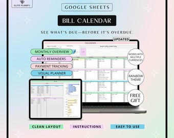 Bill Tracker Spreadsheet Google Sheets | Track Monthly Bills Payments with Smart Calendar | Rainbow