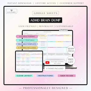 Könnte beinhalten: Eine digitale ADHD Brain Dump Vorlage für Google Sheets, dargestellt auf einem Laptop- und Tablet-Bildschirm. Die Benutzeroberfläche bietet ein Rasterlayout mit farbigen Kopfzeilen, Textfeldern und Beschriftungen wie "Editable Format", "6 Themes Included" und "Youtube Tutorial Included" vor einem sanften Farbverlaufshintergrund.