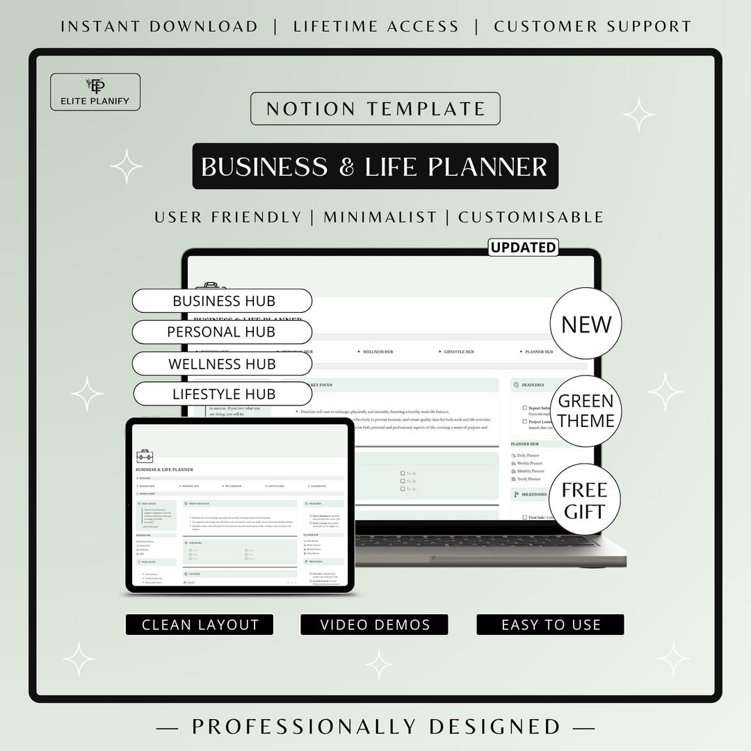 Notion Business & Life Planner | Minimalist Sage Green Dashboard ...
