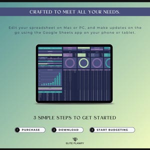 May include: A tablet displaying a spreadsheet with charts and data, with the text "CRAFTED TO MEET ALL YOUR NEEDS." and "3 SIMPLE STEPS TO GET STARTED." The screen shows a debt snowball calculator. The Elite Planify logo is at the bottom.