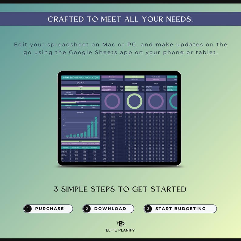 May include: A tablet displaying a spreadsheet with charts and data, with the text "CRAFTED TO MEET ALL YOUR NEEDS." and "3 SIMPLE STEPS TO GET STARTED." The screen shows a debt snowball calculator. The Elite Planify logo is at the bottom.