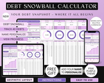 Debt Snowball Calculator Google Sheets | Debt Payoff Tracker | Pink & Purple Theme