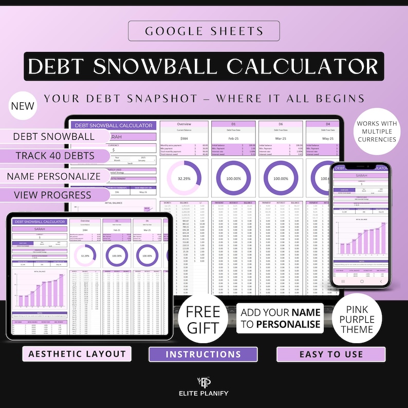 May include: A digital debt snowball calculator displayed on a tablet, phone, and computer screen. The interface features a pink and purple theme with charts and data fields. Text includes "Debt Snowball Calculator", "Track 40 Debts", and "Easy to Use".