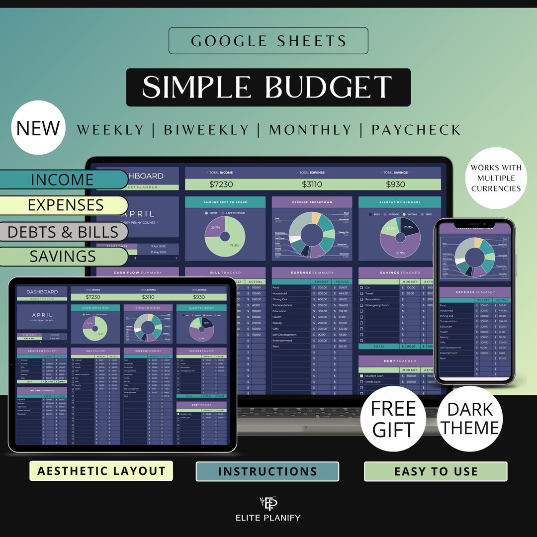 Monthly Budget Planner Google Sheets | Paycheck & Expense Tracker Dark ...