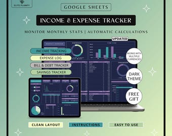 Income & Expense Tracker Google Sheets | Personal Finance Spreadsheet | Monthly Budget Planner and Debt Tracker | Dark Mode