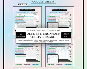 ADHD Life Organiser Spreadsheet Bundle Google Sheets | Goal Tracker, Task Tracker, Habit Tracker & Monthly Budget Planner | Rainbow
