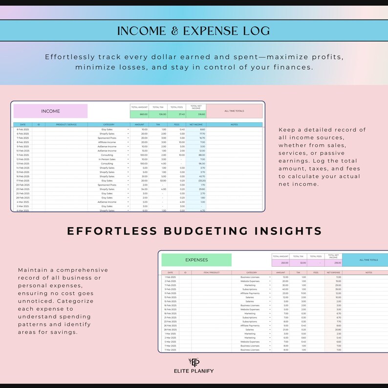 Op de afbeelding: Een digitaal spreadsheet-sjabloon voor inkomsten- en uitgavenlogboeken met een roze achtergrond. Het bevat twee tabellen voor het bijhouden van financi&euml;le gegevens, inclusief kolommen voor datum, categorie, bedrag, belasting, kosten en netto-inkomen, met de tekst Elite Planify onderaan.