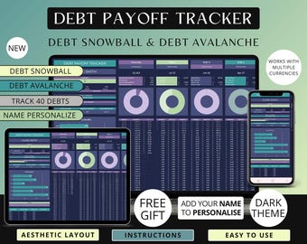 Debt Payoff Tracker Google Sheets | Track & Plan Debt with Snowball and Avalanche Methods | Dark Mode