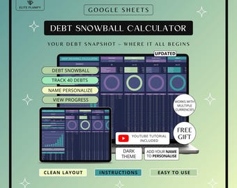 Debt Payoff Tracker Google Sheets, Debt Payoff Tracker Spreadsheet | Debt Snowball Calculator | Debt Planner | Dark Mode Edition