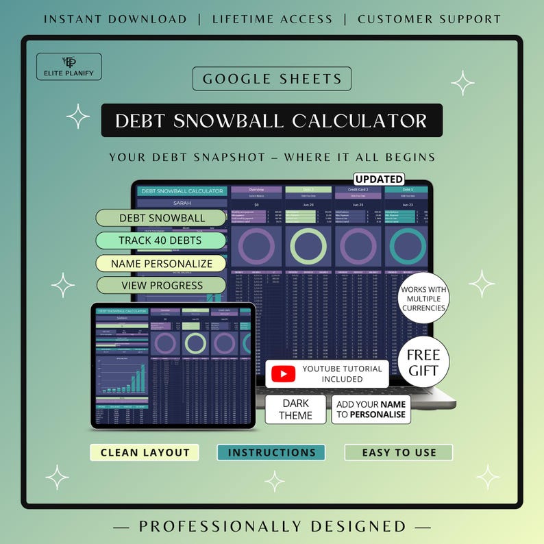 Debt Payoff Tracker Google Sheets, Debt Payoff Tracker Spreadsheet | Debt Snowball Calculator | Debt Planner | Dark Mode Edition image 1
