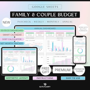 Family & Couple Annual Budget Spreadsheet Google Sheets Budget Planner Monthly Weekly Annual Budget 50/30/20 Budget Planner Debt Snowball