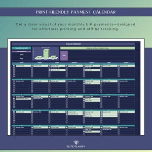 May include: Print-friendly payment calendar with a dark blue and green design. The calendar is for July 2025 and includes a chart and a grid for tracking payments. The text "Smarter billing. Simpler living" is visible.