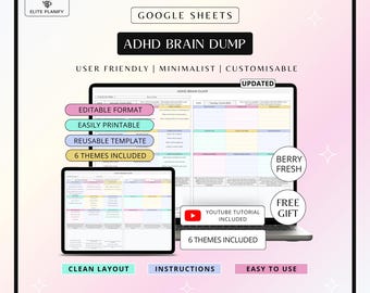 ADHD Brain Dump Template | Google Sheets Planner | Editable & Printable | 6 Theme Choices