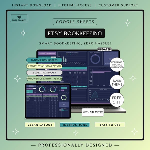 Etsy Bookkeeping Google Sheets | Small Business Bookkeeping Template | Income & Expense Tracker Spreadsheet | Dark Mode