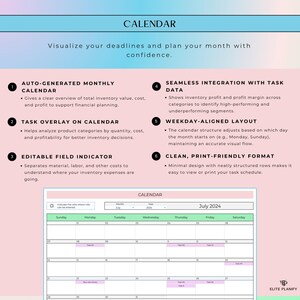 Pu&ograve; includere: Un modello di calendario digitale per luglio 2024 con sfondo rosa chiaro e intestazione blu. Il testo elenca sei funzionalit&agrave;, tra cui un calendario mensile generato automaticamente, sovrapposizione di attivit&agrave; e campi modificabili.