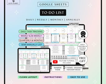 Op de afbeelding: Een digitale Google Sheets to-do lijst sjabloon met secties voor dagelijkse, wekelijkse, maandelijkse en jaarlijkse planning. De lay-out bevat takenlijsten, voortgangsgrafieken en een YouTube-tutorial in een bewerkbaar en printbaar formaat.