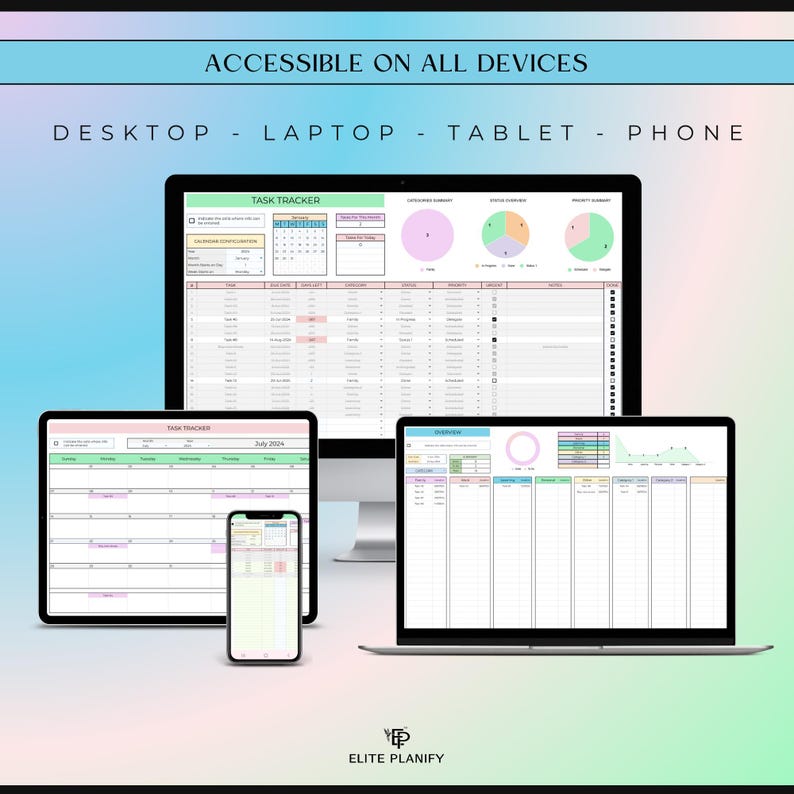 Pu&ograve; includere: Un gestore di attivit&agrave; digitale visualizzato su un monitor desktop, tablet, laptop e smartphone. Gli schermi mostrano fogli di calcolo con grafici, calendari ed elenchi di attivit&agrave;. Il testo in alto recita ACCESSIBLE ON ALL DEVICES.