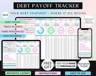 Debt Payoff Tracker Google Sheets | Snowball & Avalanche Calculator | Debt Tracker Spreadsheet | Rainbow
