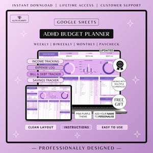 ADHD Budget Planner Google Sheets | Debt, Bills and Savings Tracker | Pink & Purple | ADHD Friendly