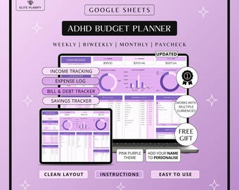 ADHD Budget Planner Google Sheets | Debt, Bills and Savings Tracker | Pink & Purple | ADHD Friendly