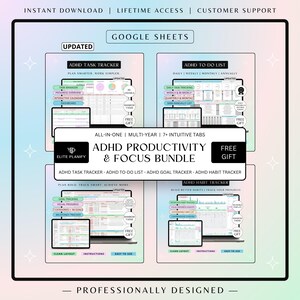 ADHD Productivity & Focus Spreadsheet Bundle Google Sheets | Task Tracker, To-Do List, Habit Tracker and Goal Tracker | Rainbow
