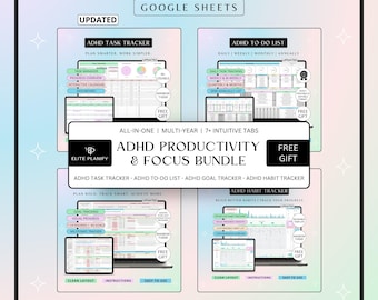 ADHD Productivity & Focus Spreadsheet Bundle Google Sheets | Task Tracker, To-Do List, Habit Tracker and Goal Tracker | Rainbow
