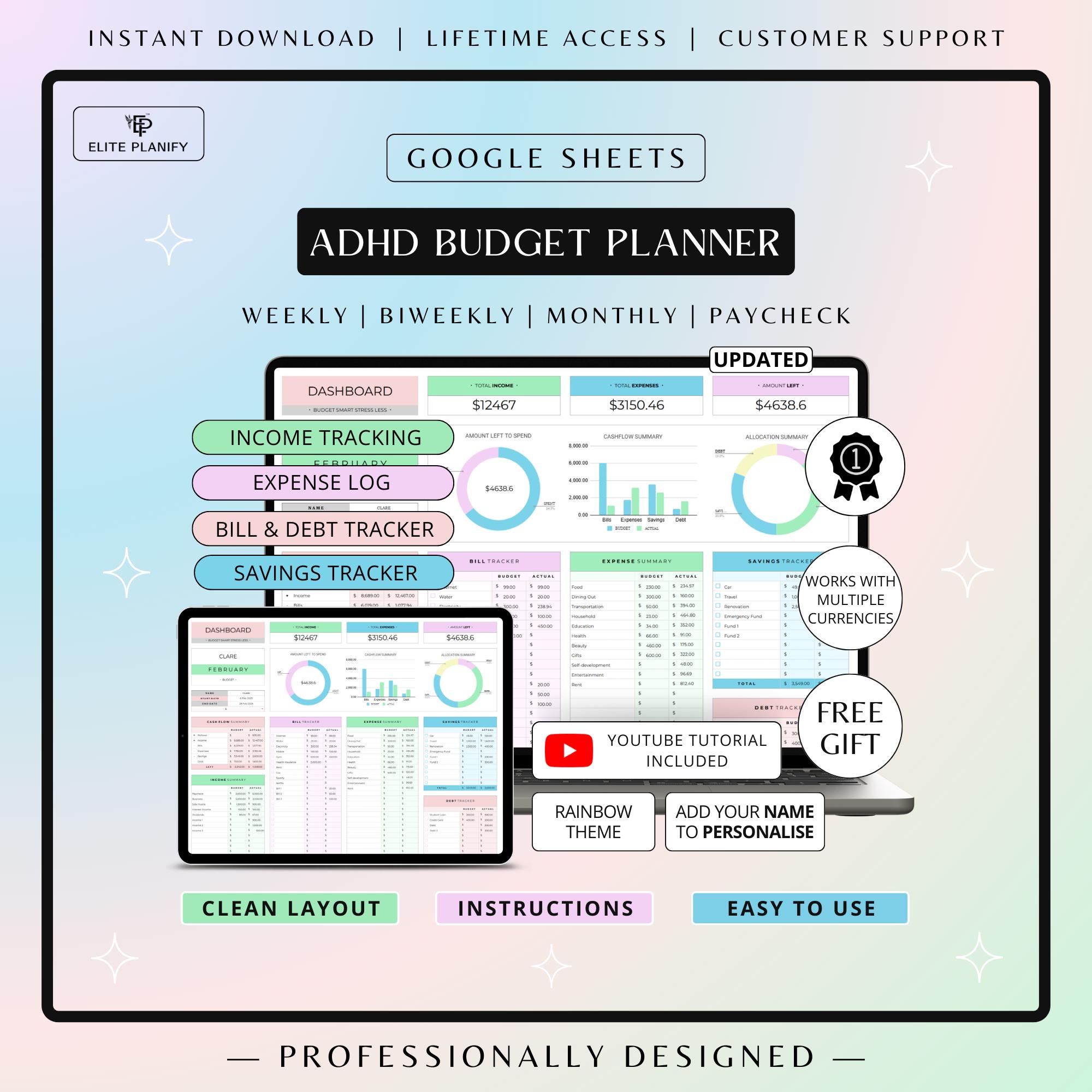 ADHD Budget Spreadsheet Google Sheets | Debt, Bills & Savings Tracker ...
