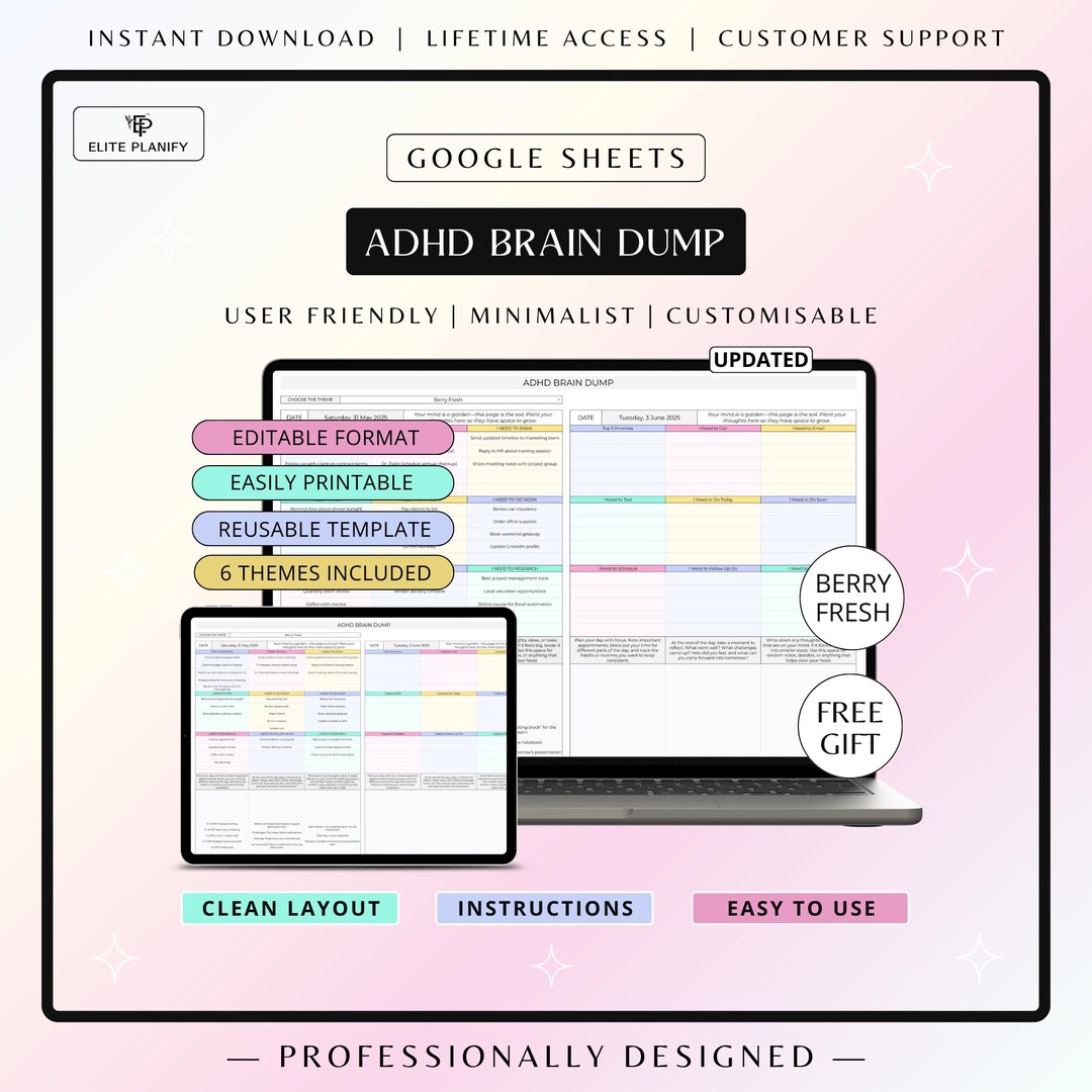 ADHD Brain Dump Template | Google Sheets Planner | Editable & Printable ...