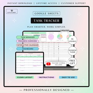 Pu&ograve; includere: Un modello digitale di monitoraggio delle attivit&agrave; di Google Sheets visualizzato su uno schermo di laptop e tablet. L'interfaccia include un gestore attivit&agrave;, una panoramica dei progressi, un calendario interattivo e una dashboard colorata.
