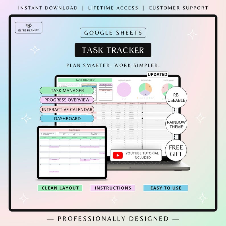 Pu&ograve; includere: Un modello digitale di monitoraggio delle attivit&agrave; di Google Sheets visualizzato su uno schermo di laptop e tablet. L'interfaccia include un gestore attivit&agrave;, una panoramica dei progressi, un calendario interattivo e una dashboard colorata.