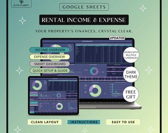 Rental Property Template Google Sheets | Income & Expense Tracker | Rental Bookkeeping Spreadsheet | Real Estate Management | Dark Mode