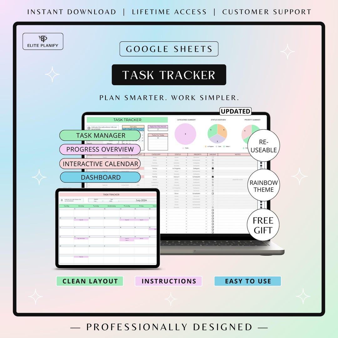 Task Tracker Spreadsheet Google Sheets | To-do List Template | Rainbow ...