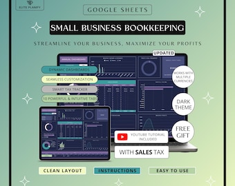 Small Business Bookkeeping Spreadsheet | Google Sheets Income & Expense Tracker | Dark Mode Template