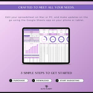 May include: A tablet displaying a spreadsheet with charts and data, in shades of purple and white. Text at the top reads "CRAFTED TO MEET ALL YOUR NEEDS." Below, the text says "3 SIMPLE STEPS TO GET STARTED."