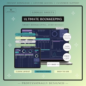 Ultimate Bookkeeping Template Google Sheets | Business Finance Spreadsheet | Income & Expense Tracker | Dark Mode