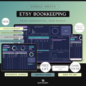 Etsy Bookkeeping Google Sheets | Small Business Bookkeeping Template Business Income & Expense Tracker Bookkeeping Spreadsheet Dark Mode