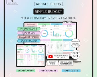 Budget Spreadsheet Google Sheets | Monthly and Weekly Budget Planner | Paycheck & Expense Tracker | Rainbow