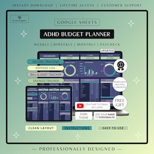 ADHD Budget Planner Google Sheets | Debt, Bills & Savings Tracker Dark Mode | ADHD Friendly