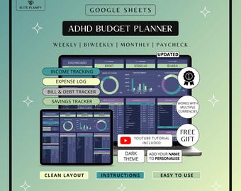 ADHD Budget Planner Google Sheets | Debt, Bills & Savings Tracker Dark Mode | ADHD Friendly