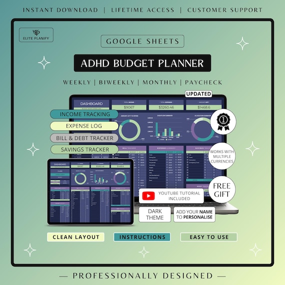 ADHD Budget Planner Google Sheets | Debt, Bills & Savings Tracker Dark Mode | ADHD Friendly