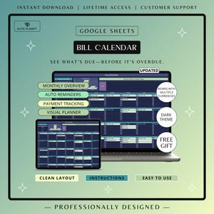 Bill Tracker Spreadsheet Google Sheets | Smart Calendar & Monthly Payment Tracker | Dark Mode image 1