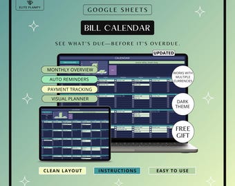 Bill Tracker Spreadsheet Google Sheets | Smart Calendar & Monthly Payment Tracker | Dark Mode