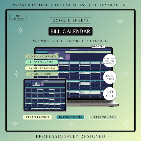 Bill Tracker Spreadsheet Google Sheets | Smart Calendar & Monthly Payment Tracker | Dark Mode