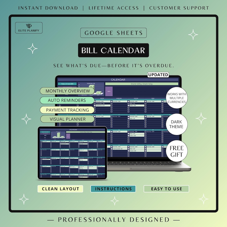Bill Tracker Spreadsheet Google Sheets | Smart Calendar & Monthly Payment Tracker | Dark Mode image 1