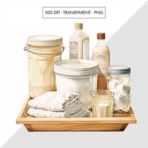 Op de afbeelding: Een houten dienblad met een witte emmer, twee witte handdoeken, een glazen pot met witte blokjes, een glazen pot met een gele vloeistof en twee glazen flessen met etiketten. De flessen zijn gelabeld met "CLEANSER" en "SOYAWAX".