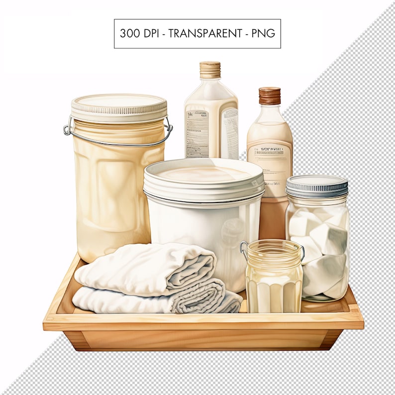 Op de afbeelding: Een houten dienblad met een witte emmer, twee witte handdoeken, een glazen pot met witte blokjes, een glazen pot met een gele vloeistof en twee glazen flessen met etiketten. De flessen zijn gelabeld met "CLEANSER" en "SOYAWAX".