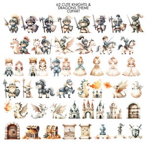Puede incluir: 62 ilustraciones de acuarela de lindos caballeros, princesas, dragones y castillos. Las ilustraciones son de estilo caprichoso y presentan una variedad de colores, incluyendo azul, rosa, verde y dorado. Las ilustraciones son perfectas para usar en scrapbooking, creaci&oacute;n de tarjetas y otros proyectos de manualidades.