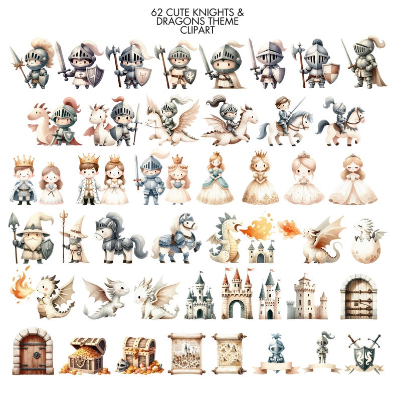 Puede incluir: 62 ilustraciones de acuarela de lindos caballeros, princesas, dragones y castillos. Las ilustraciones son de estilo caprichoso y presentan una variedad de colores, incluyendo azul, rosa, verde y dorado. Las ilustraciones son perfectas para usar en scrapbooking, creaci&oacute;n de tarjetas y otros proyectos de manualidades.