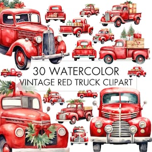 Watercolor Christmas Vintage Truck Clipart, Christmas Decoration Clipart, For Paper Craft, Junk Journal, Scrapbooking,  Commercial Use PNG
